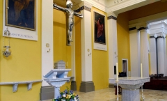 Marble altar - ambo - credence table - shelves and tabernacle